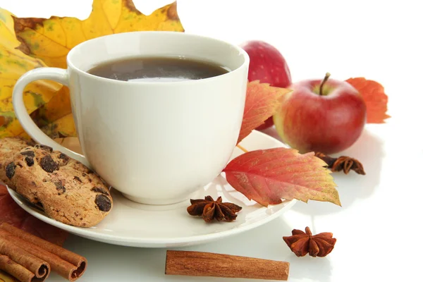Tasse heißen Tee und Herbstblätter, isoliert auf weiß — Stockfoto