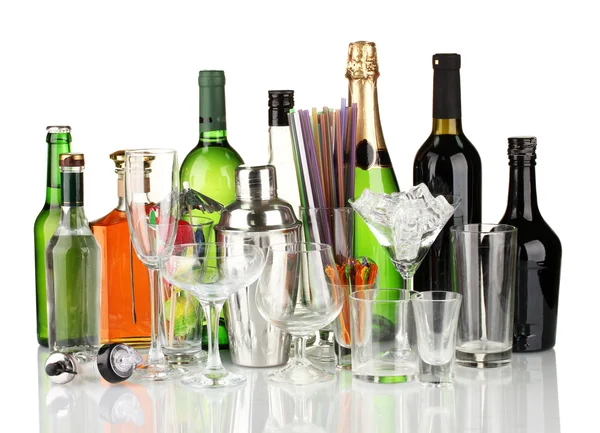 Collection of various glasses and drinks isolated on white — Stock Photo, Image