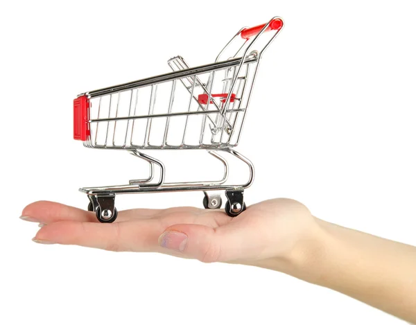 Empty shopping trolley on woman hand, isolated on white — Stock Photo, Image