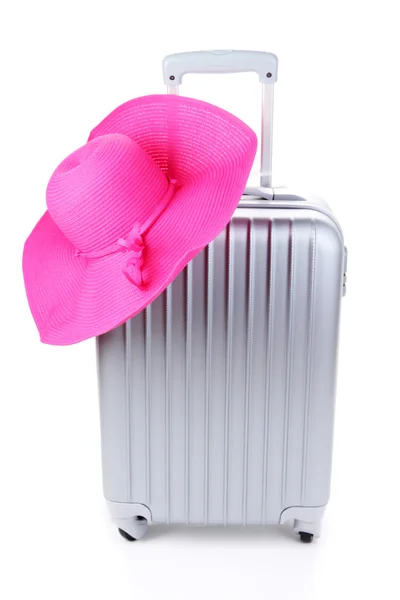 Silver suitcase with woman's hat isolated on white — Stock Photo, Image