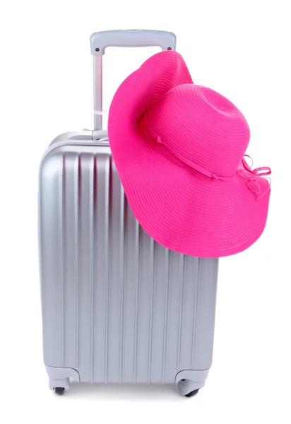 Ασημένια βαλίτσα με καπέλο της γυναίκας που απομονώνονται σε λευκό — Φωτογραφία Αρχείου