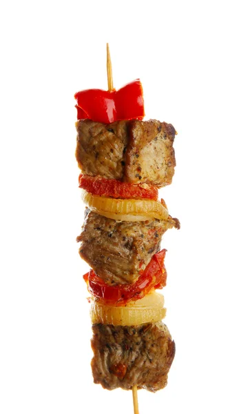 Tasty grilled meat and vegetables on skewer, isoalted on white — Stock Photo, Image