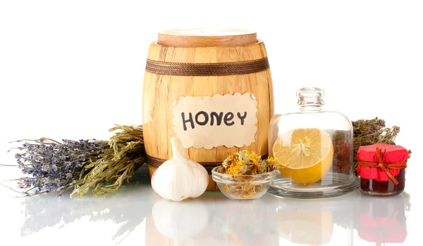 Honey and others natural medicine for winter flue, isolated on white — Stock Photo, Image