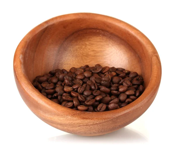 Coffee beans in wooden bowl isolated on white — Stock Photo, Image