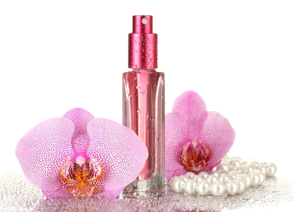 Perfume de mujer en hermosa botella y flores de orquídea, aislado en blanco —  Fotos de Stock