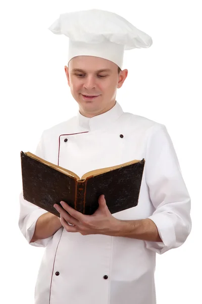 Chef-kok denken met boek recept geïsoleerd op wit — Stockfoto