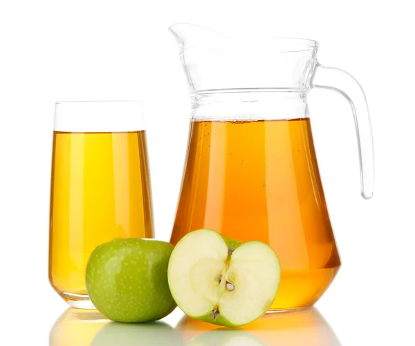 Full glass and jug of apple juice and apples isolted on white Royalty Free Stock Images