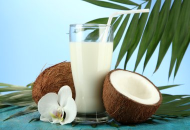 Coconuts with glass of milk, on blue background clipart