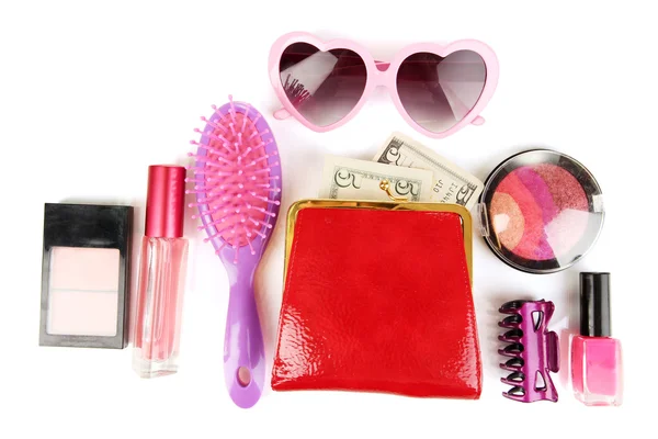 De items in de women's handtas geïsoleerd op wit — Stockfoto