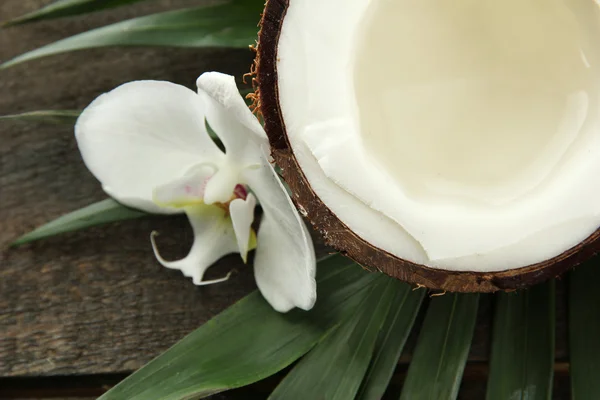 Coconut with leaves, on grey wooden background — Stock Photo, Image