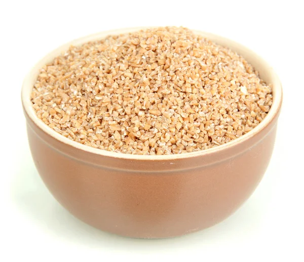 Brown bowl full of wheat bran isolated on white — Stock Photo, Image