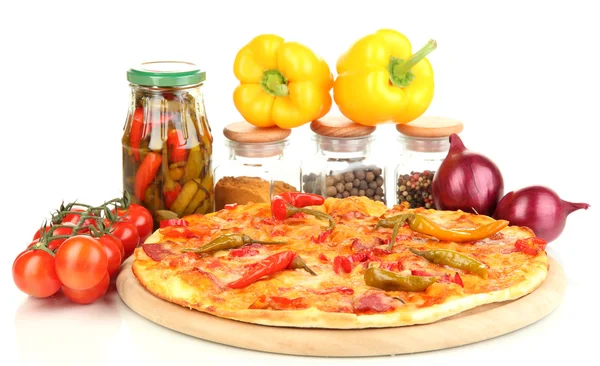 Tasty pepperoni pizza with vegetables on wooden board isolated on white Royalty Free Stock Images