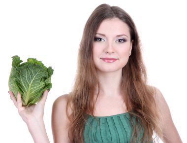 güzel bir kadın üzerinde beyaz izole lahana ile