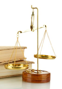 Adalet ve üzerinde beyaz izole kitap Altın pul