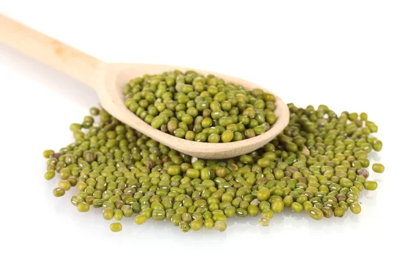 Mung beans over wooden spoon isolated on white — Stock Photo, Image