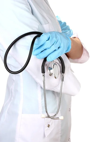 Docteur avec stéthoscope à la main. isolé sur blanc — Photo
