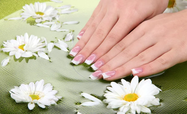 Vrouw handen met Frans manicure en bloemen in groene kom met water — Stockfoto