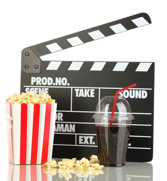 Película clapperboard, cola y palomitas de maíz aisladas en blanco — Foto de Stock