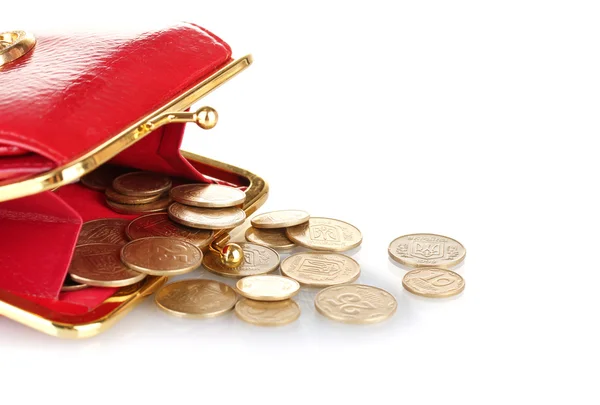 Female red wallet with coins isolated on white — Stock Photo, Image