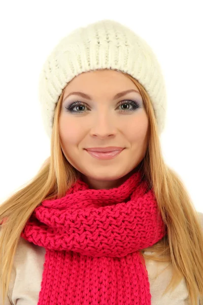 Ung smuk kvinde iført vintertøj, isoleret på hvid - Stock-foto