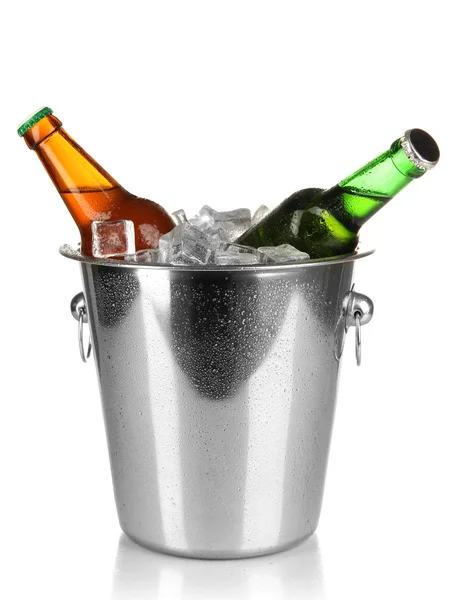 Beer bottles in ice bucket isolated on white — Stock Photo, Image