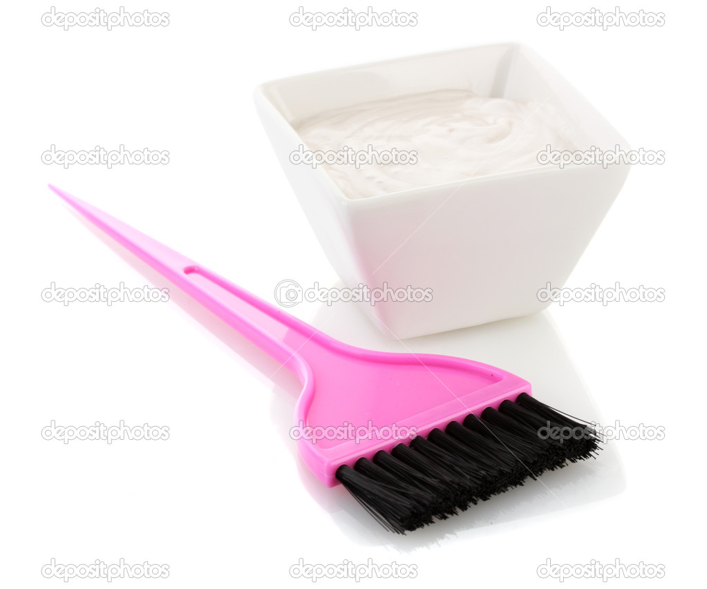 Bowl with hair dye and pink brush for hair coloring, isolated on ... Bowl with hair dye and pink brush for hair coloring, isolated on ...