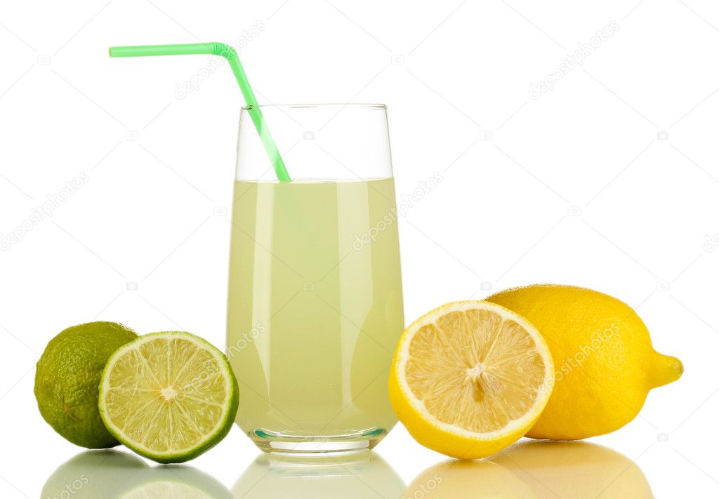 Delicious lemon juice in glass and limes and lemons next to it isolated on white