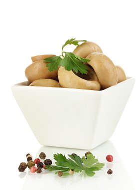 Lezzetli marine edilmiş mantarlar beyaz kasede izole edilmiş.