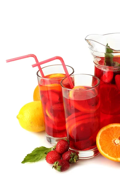 Sangria in jar and glasses with fruits, isolated on white — Stock Photo, Image