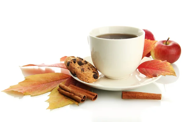 Tasse heißen Tee und Herbstblätter, isoliert auf weiß — Stockfoto