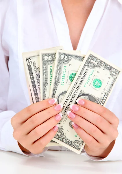 American dollars in a women hands, close up — Stock Photo, Image