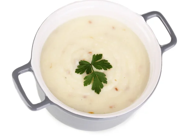 Mashed potatoes in saucepan isolated on white — Stock Photo, Image