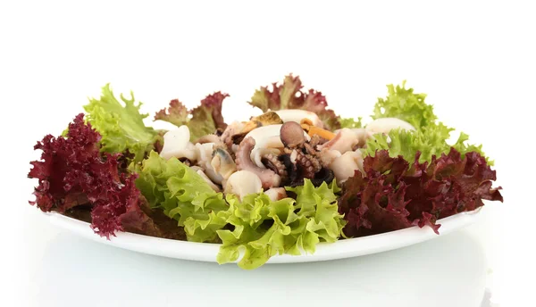 Hälsosamma skaldjur sallad med räkor, bläckfisk och musslor, bläckfiskar isolerad på vit — Stockfoto