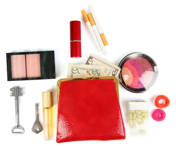 Items contained in the women's handbag isolated on white — Stock Photo, Image