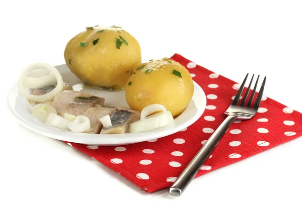 Schüssel Hering und Kartoffeln auf Teller isoliert auf weiß — Stockfoto