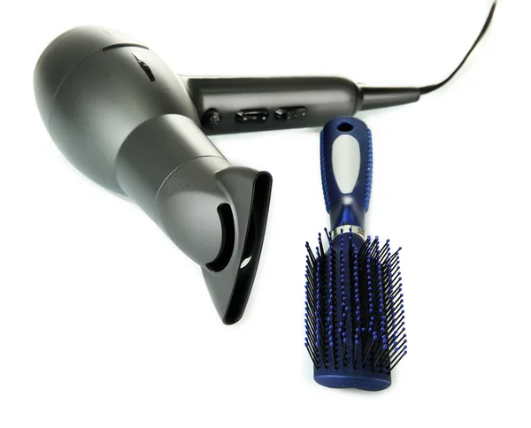 Secador de cabelo e escova de pente, isolado em branco — Fotografia de Stock