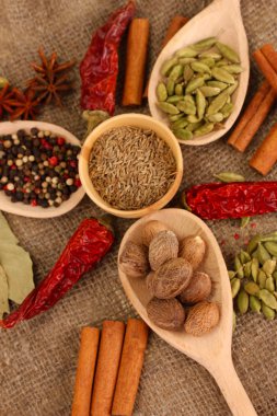 Küçük Hindistan cevizi ve diğer baharatlar çul zemin üzerine