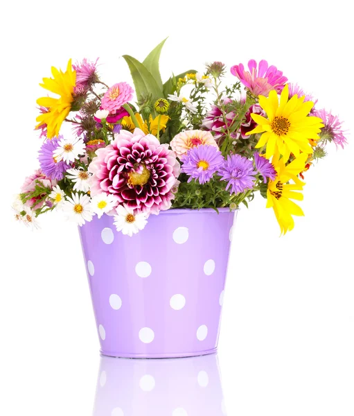 Beautiful bouquet of bright flowers in metal pot isolated on white — Stock Photo, Image