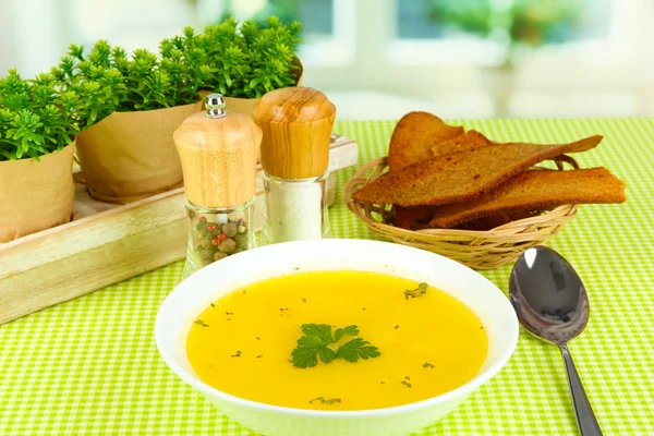 Sopa fragante en plato blanco sobre mantel verde sobre fondo de ventana — Foto de Stock