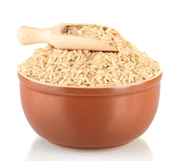 Brown rice in a brown plate , isolated on white — Stock Photo, Image