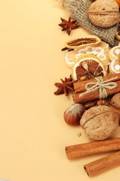 Sammansättningen av jul kryddor, på beige bakgrund — Stockfoto