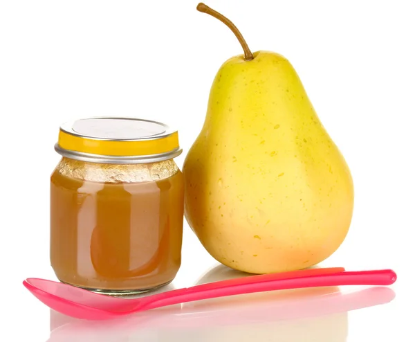 Useful and tasty baby food with pear and spoon isolated on white — Stock Photo, Image