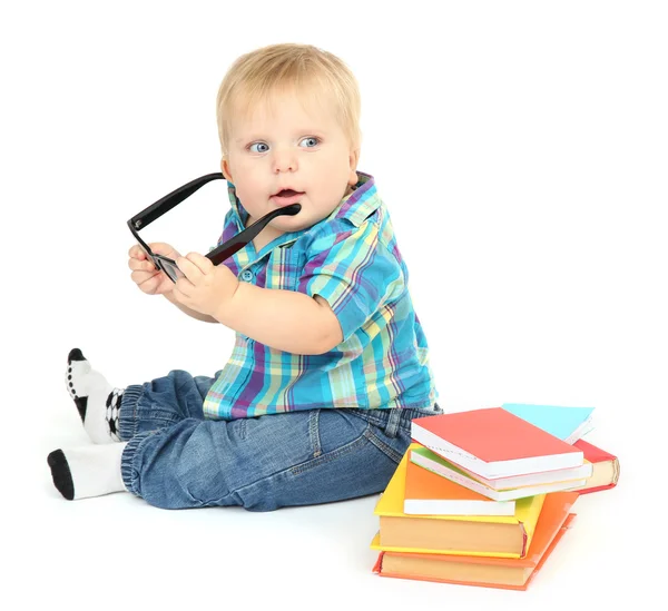 Little boy with multicolor books, isolated on white — Stock Photo, Image