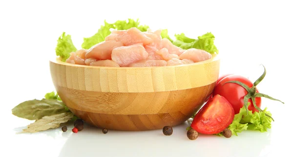 Raw chicken meat in wooden bowl, isolated on white — Stock Photo, Image