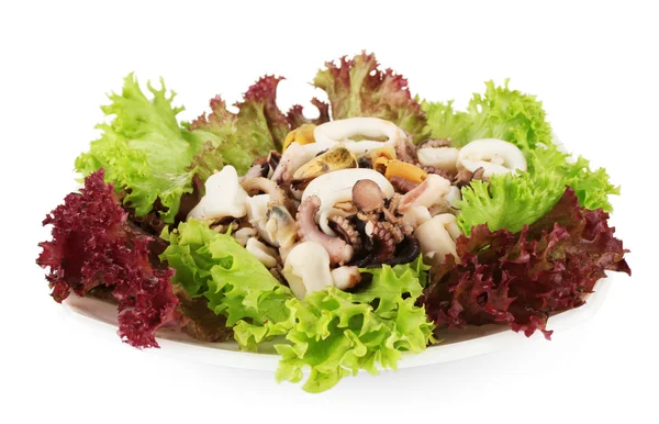 Gesunder Meeresfrüchtsalat mit Garnelen, Kraken und Miesmuscheln, Tintenfisch isoliert auf weiß — Stockfoto