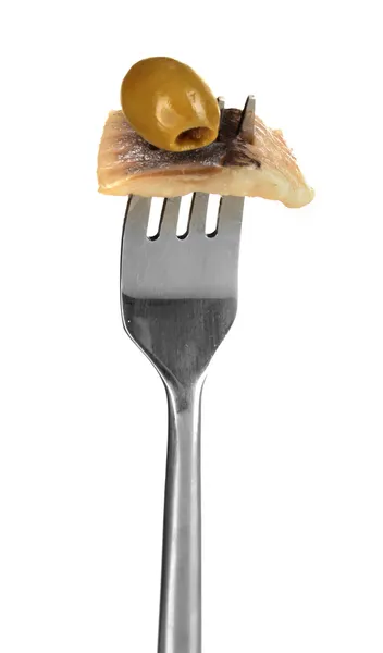 Bit sill och olivolja på gaffel isolerad på vit — Stockfoto