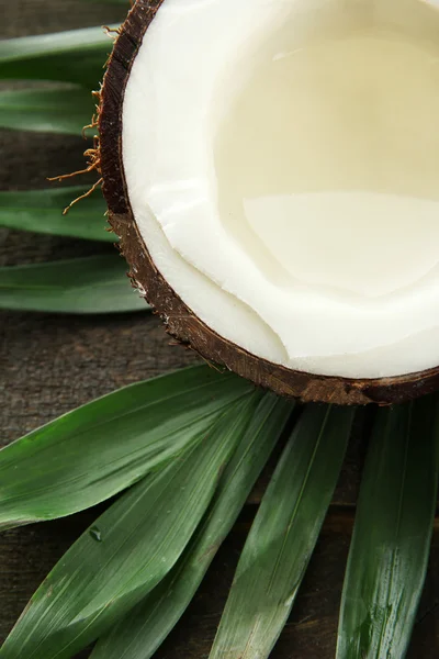 Coco con hojas, sobre fondo gris de madera — Foto de Stock