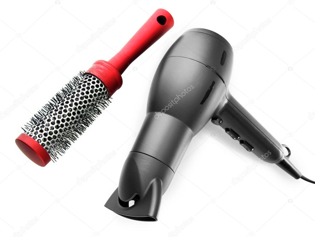 hair dryer and comb brush, isolated on white