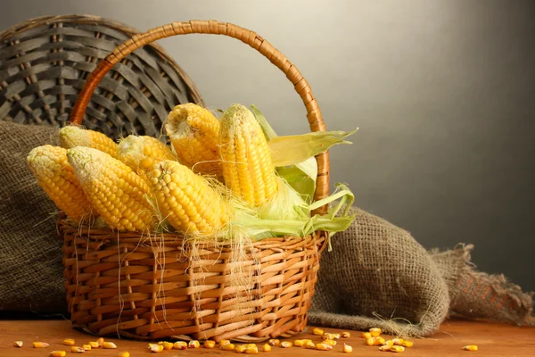 Fresh corn in basket, on wooden table, on grey background — Stock Photo, Image
