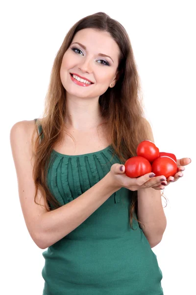 Beautiful woman with tomato isolated on white — Stock Photo, Image
